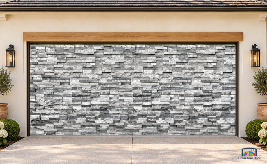 Modern Gray Stone Wall garage door cover — two-car garage Front