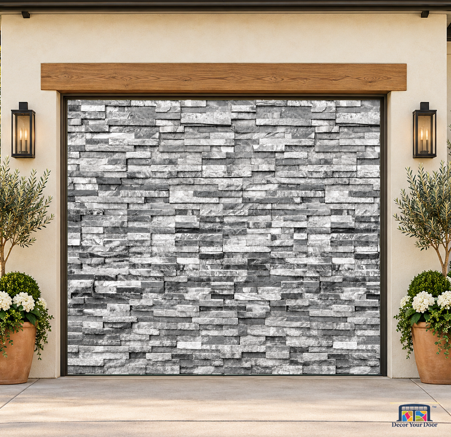 Modern Gray Stone Wall garage door cover — one-car garage Front