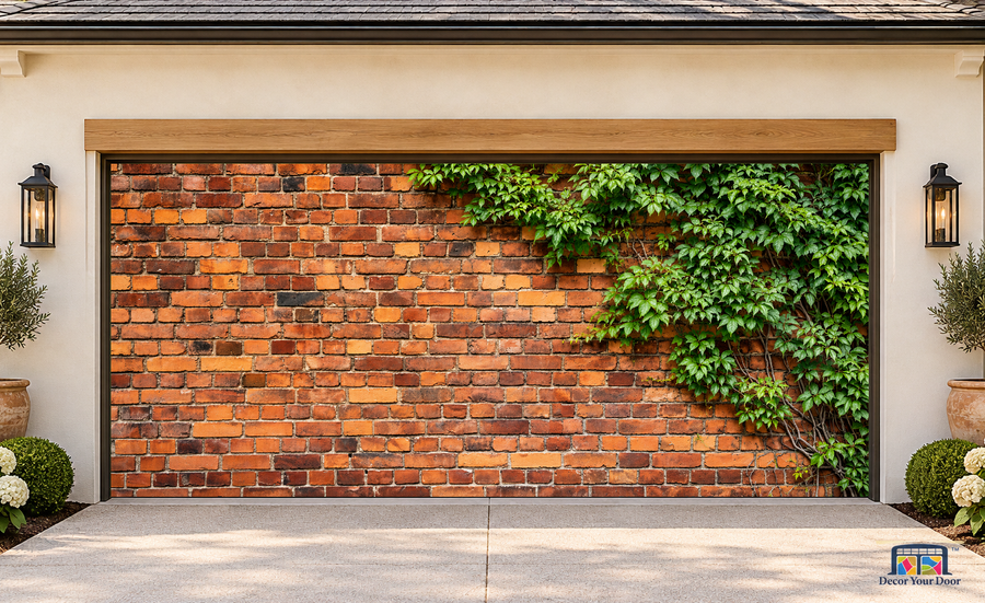 Ivy-Covered Antique Brick garage door cover — two-car garage Front