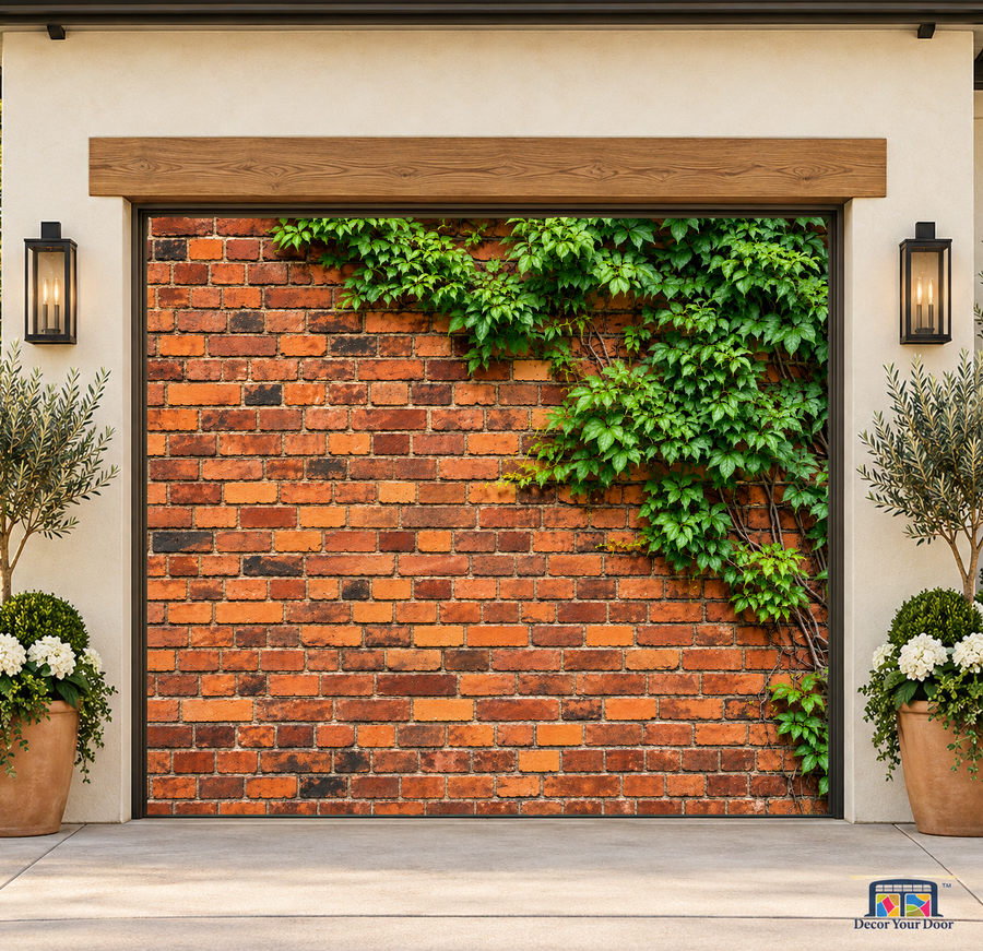 Ivy-Covered Antique Brick garage door cover — one-car garage Front