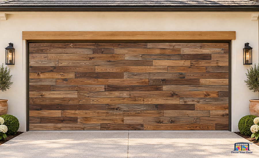Rustic Wood Plank Wall garage door cover — two-car garage Front