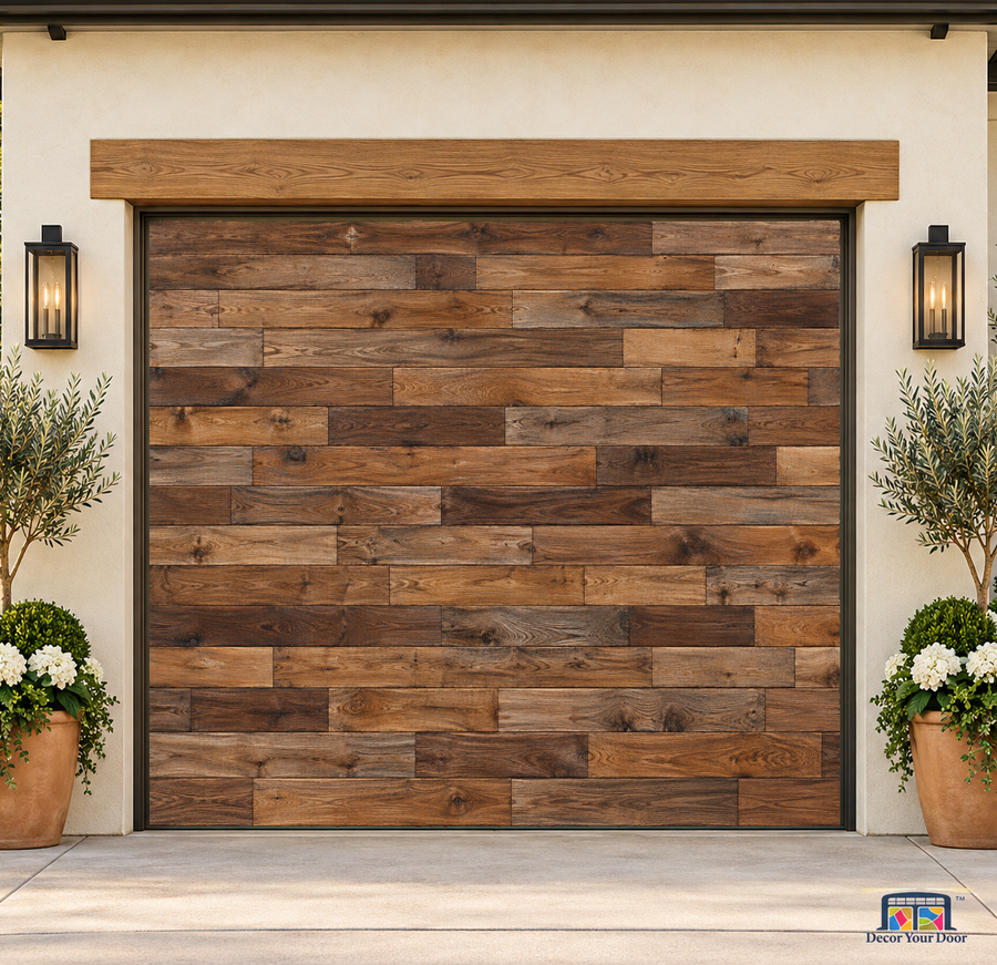 Rustic Wood Plank Wall garage door cover — one-car garage Front