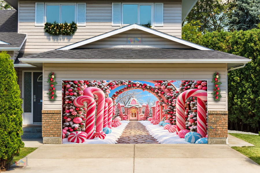 Candy Cane Christmas Entrance Garage Door Cover Banner Decoration - Decor Your Door