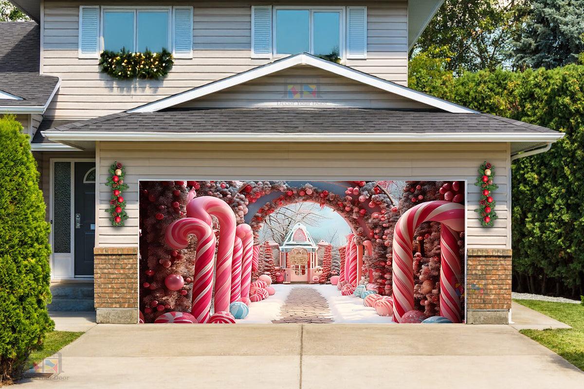 Candy Cane Christmas Entrance Garage Door Cover Banner Decoration - Decor Your Door