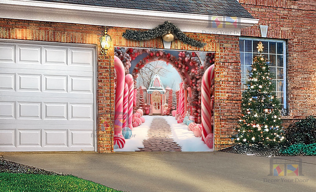 Candy Cane Christmas Entrance Garage Door Cover Banner Decoration - Decor Your Door