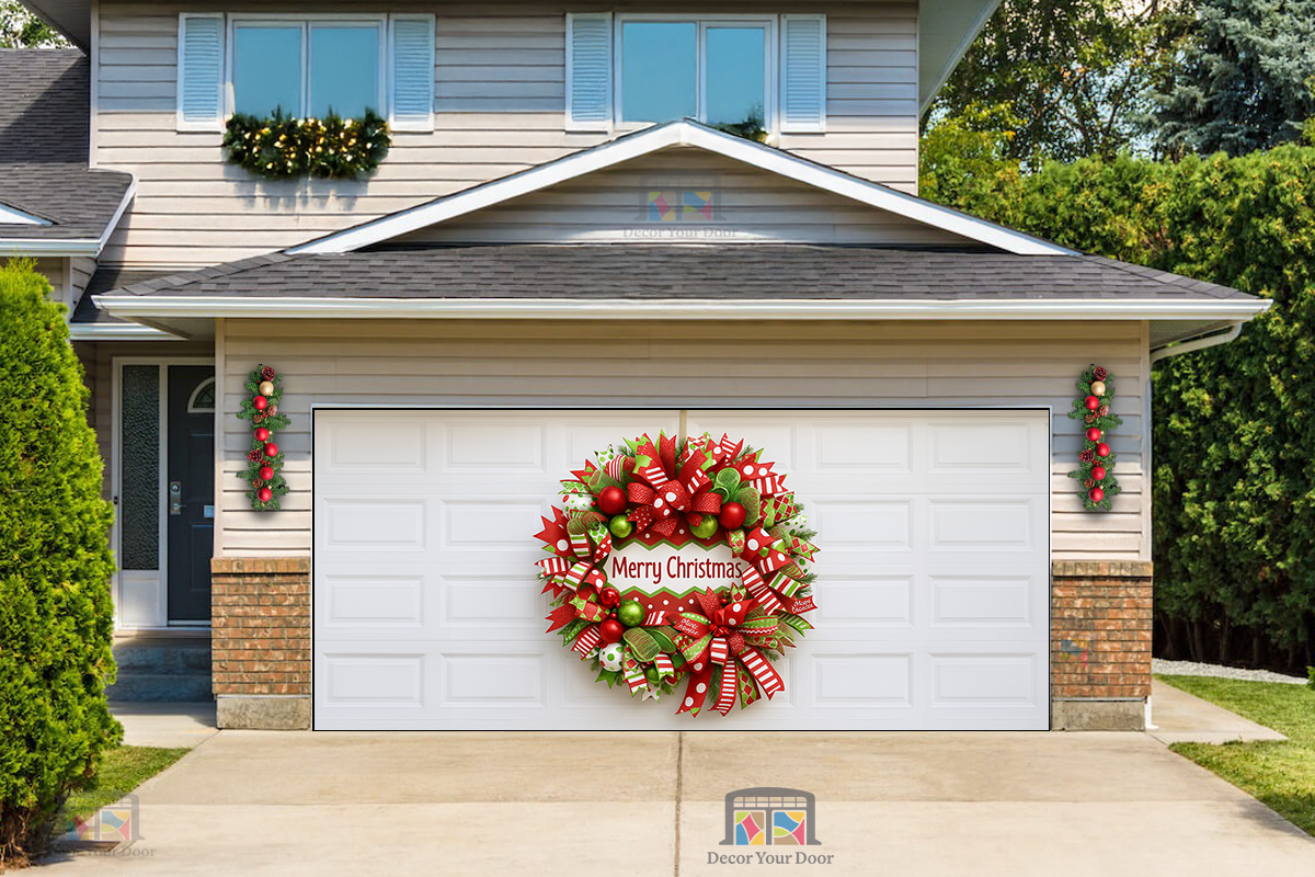 Corona de celebración con cinta de caramelo - Cubierta navideña para puerta de garaje