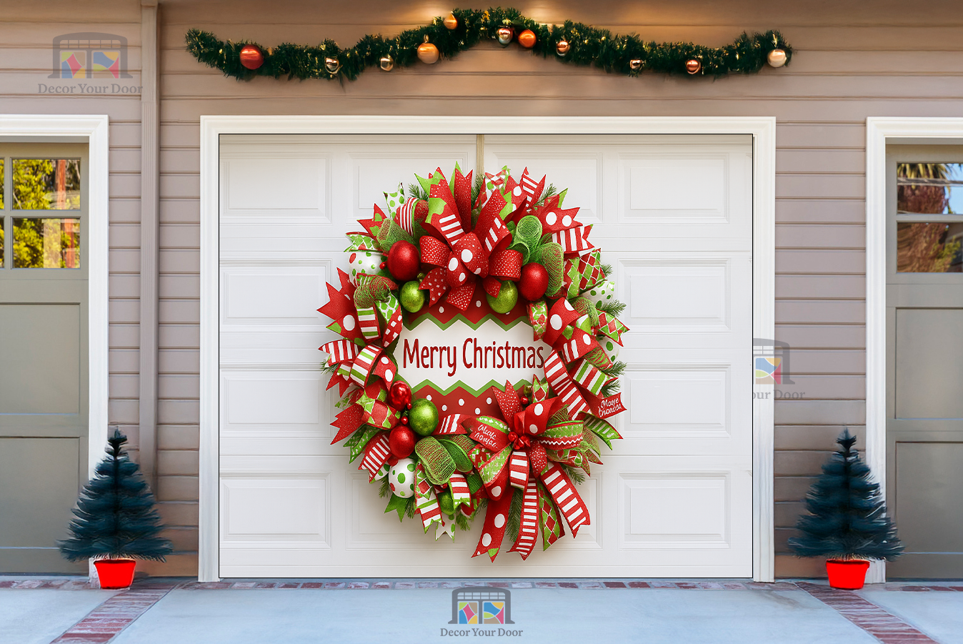 Corona de celebración con cinta de caramelo - Cubierta navideña para puerta de garaje