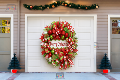 Corona de celebración con cinta de caramelo - Cubierta navideña para puerta de garaje