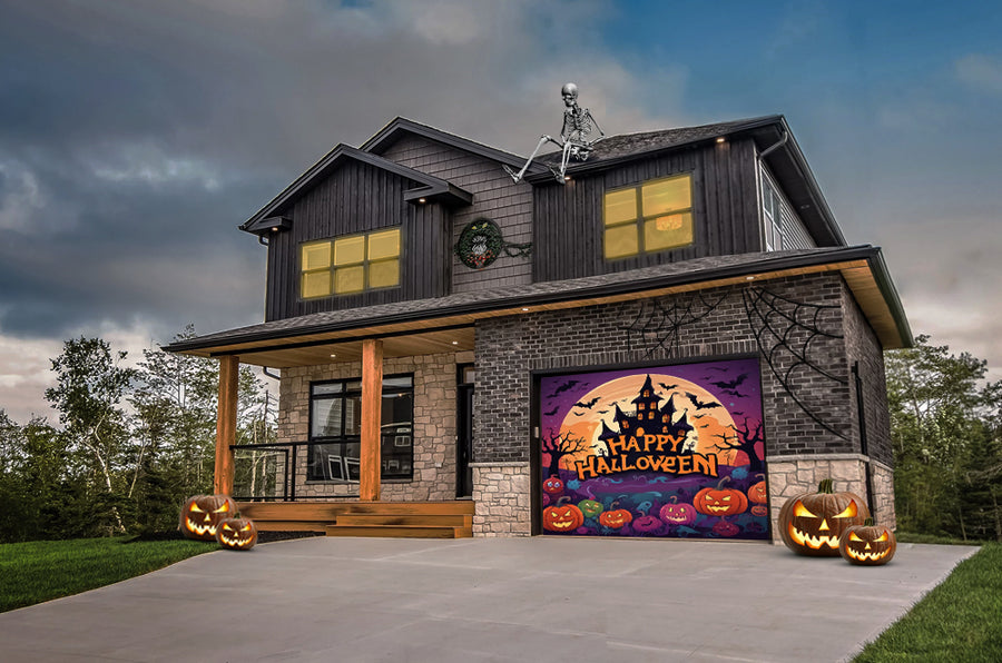 Glade Halloween-græskar og uhyggelige flagermus – garageportovertræk