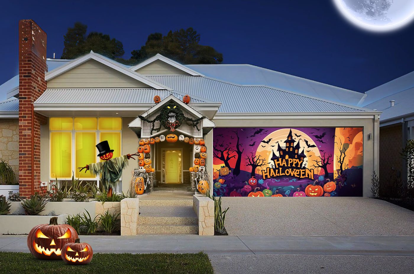 Cheerful Halloween Pumpkins in Spooky Bats Garage Door Cover Banner Wrap - Decor Your Door