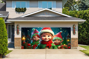 Cheerful Elves and Friends Garage Door Cover Banner Decoration - Decor Your Door
