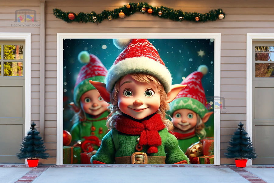 Cheerful Elves and Friends Garage Door Cover Banner Decoration - Decor Your Door