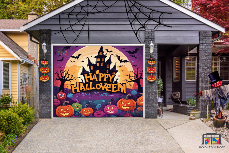 Alegres calabazas de Halloween en un espeluznante vinilo decorativo para puerta de garaje con murciélagos - Decora tu puerta
