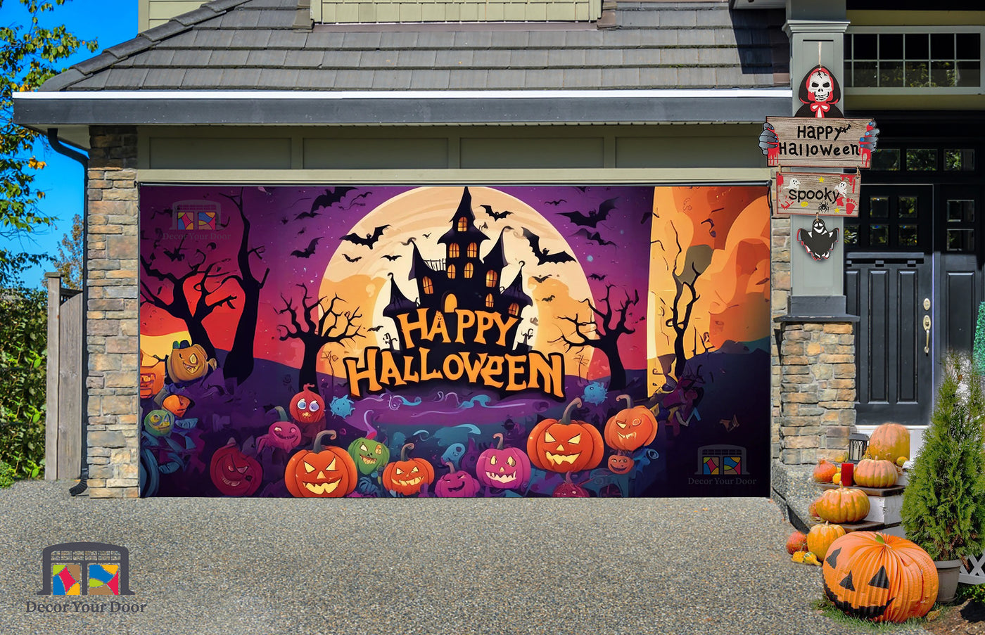 Cheerful Halloween Pumpkins in Spooky Bats Garage Door Cover Banner Wrap - Decor Your Door