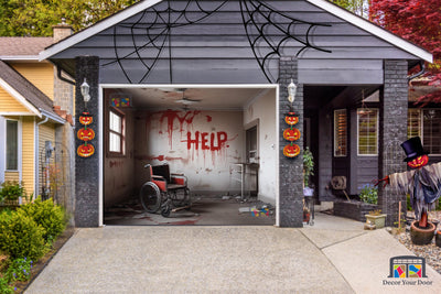 Chilling Abandoned Room with Wheelchair and Help Message Garage Door Cover Banner Wrap - Decor Your Door