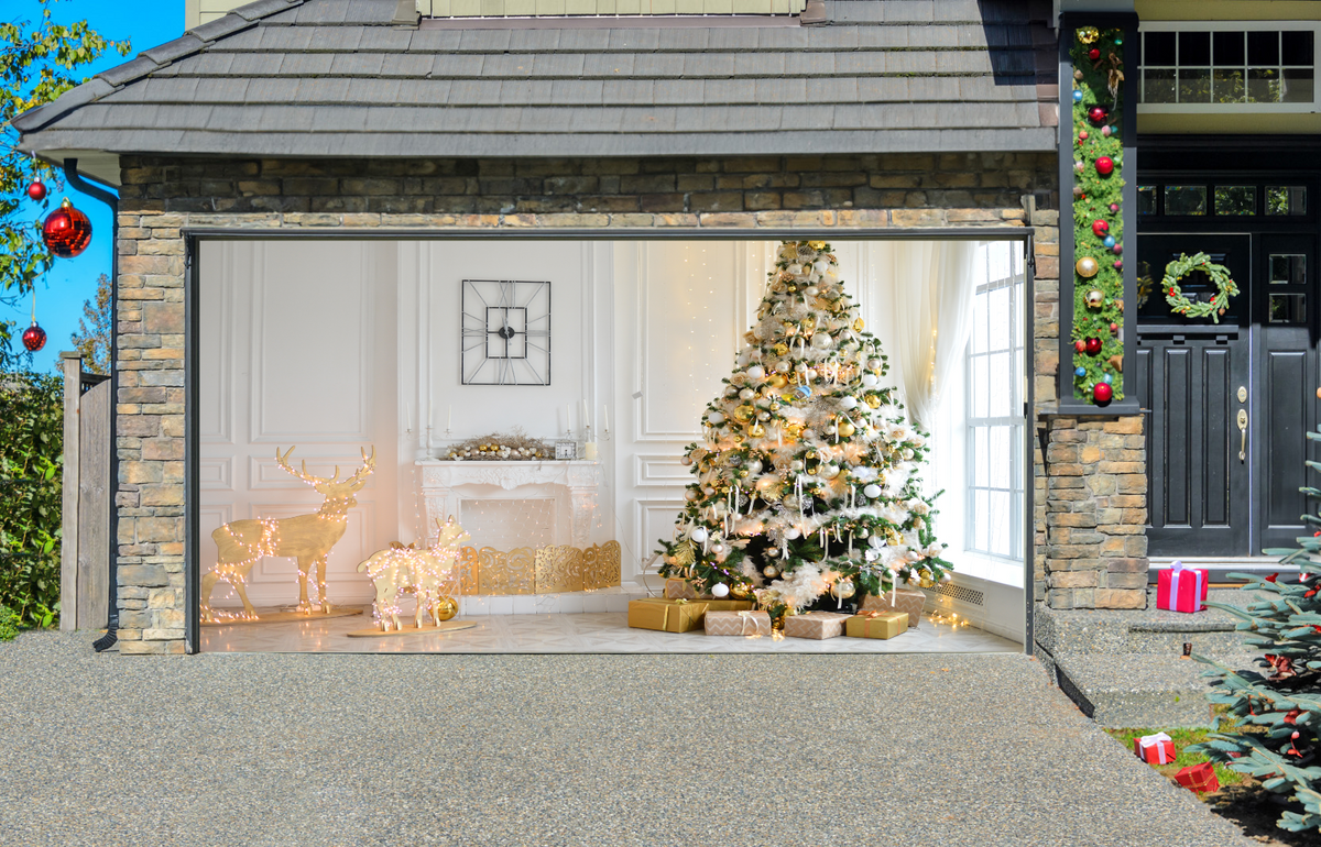 Christmas Decorated Room with Christmas Tree Garage Door Cover Wrap Backdrop Decoration — exterior clearance cover