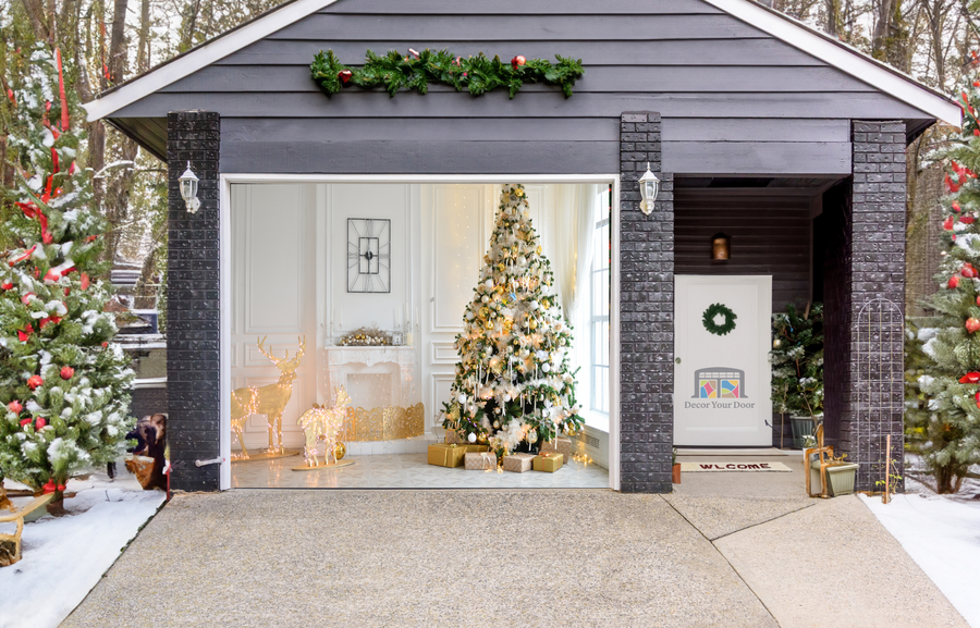 Christmas Decorated Room with Christmas Tree Garage Door Cover Wrap Backdrop Decoration