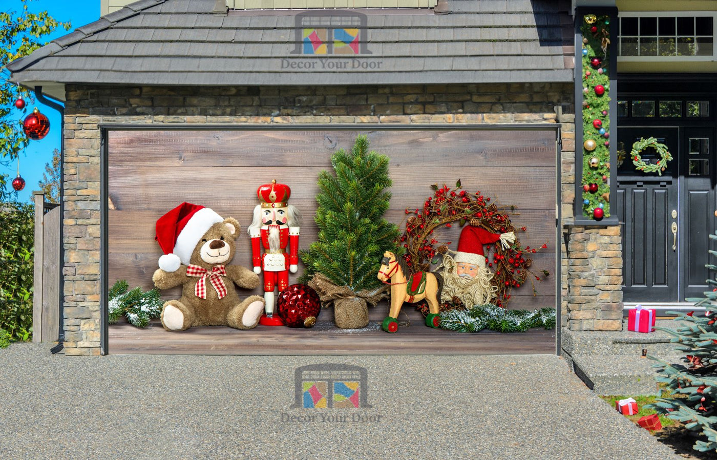 Christmas Decoration With Toys Teddy Bear And Nutcracker Garage Door Wrap Cover Mural Decoration