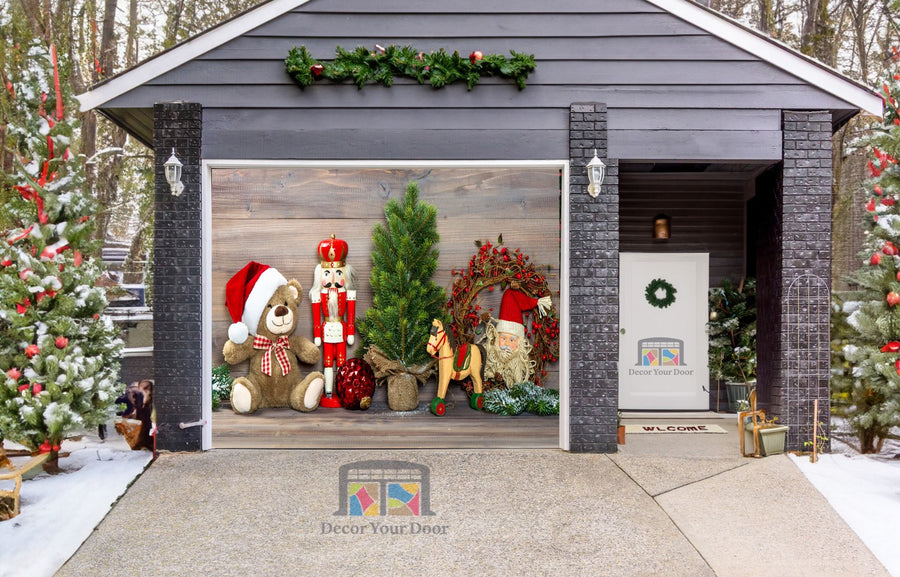 Christmas Decoration With Toys Teddy Bear And Nutcracker Garage Door Wrap Cover Mural Decoration