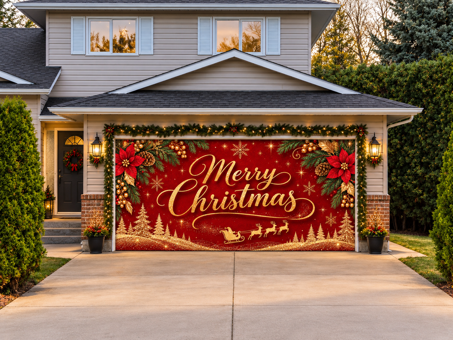 Golden Merry Christmas Wonderland Garage Door Cover