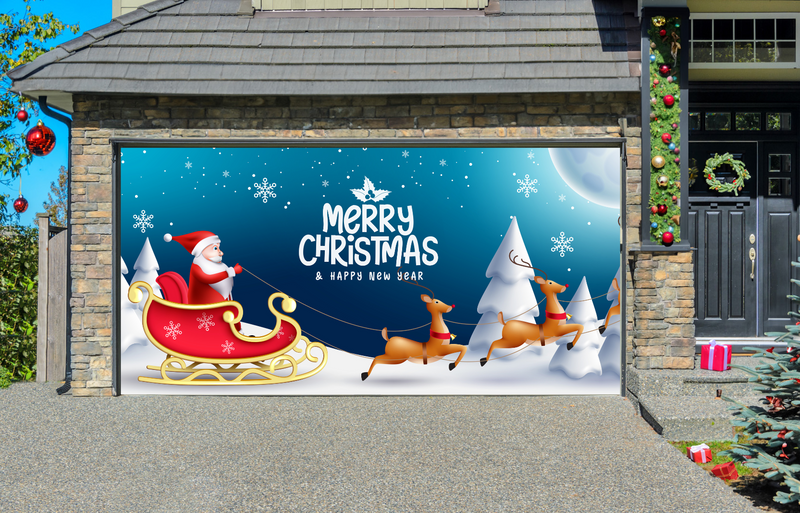 Christmas Eve Greeting Santa Claus and Reindeer Xmas Night Holiday Celebration Garage Door Cover Wrap Christmas Banner — exterior clearance cover