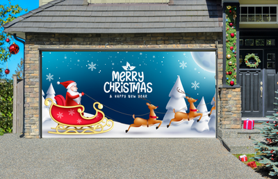 Christmas Eve Greeting Santa Claus and Reindeer Xmas Night Holiday Celebration Garage Door Cover Wrap Christmas Banner