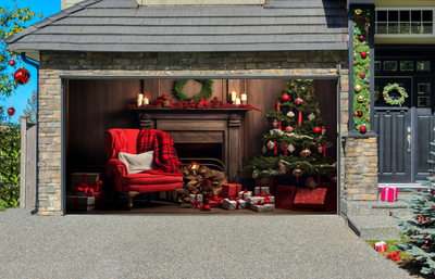 Christmas Interior Room Fireplace, Christmas Tree, Green Chair with a Red Blanket And Gifts Garage Door Cover Wrap Backdrop Decoration
