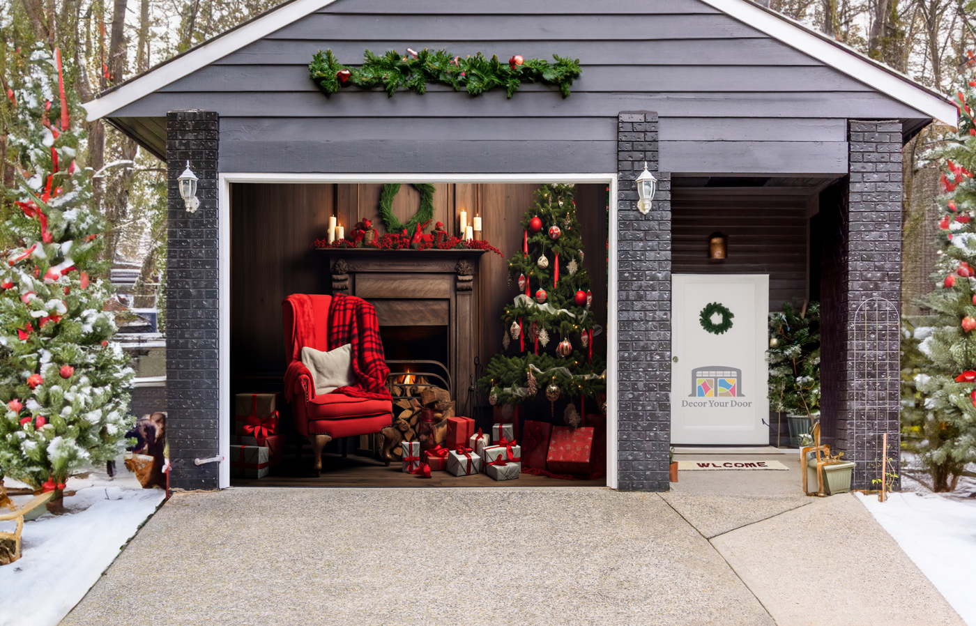 Christmas Interior Room Fireplace, Christmas Tree, Green Chair with a Red Blanket And Gifts Garage Door Cover Wrap Backdrop Decoration