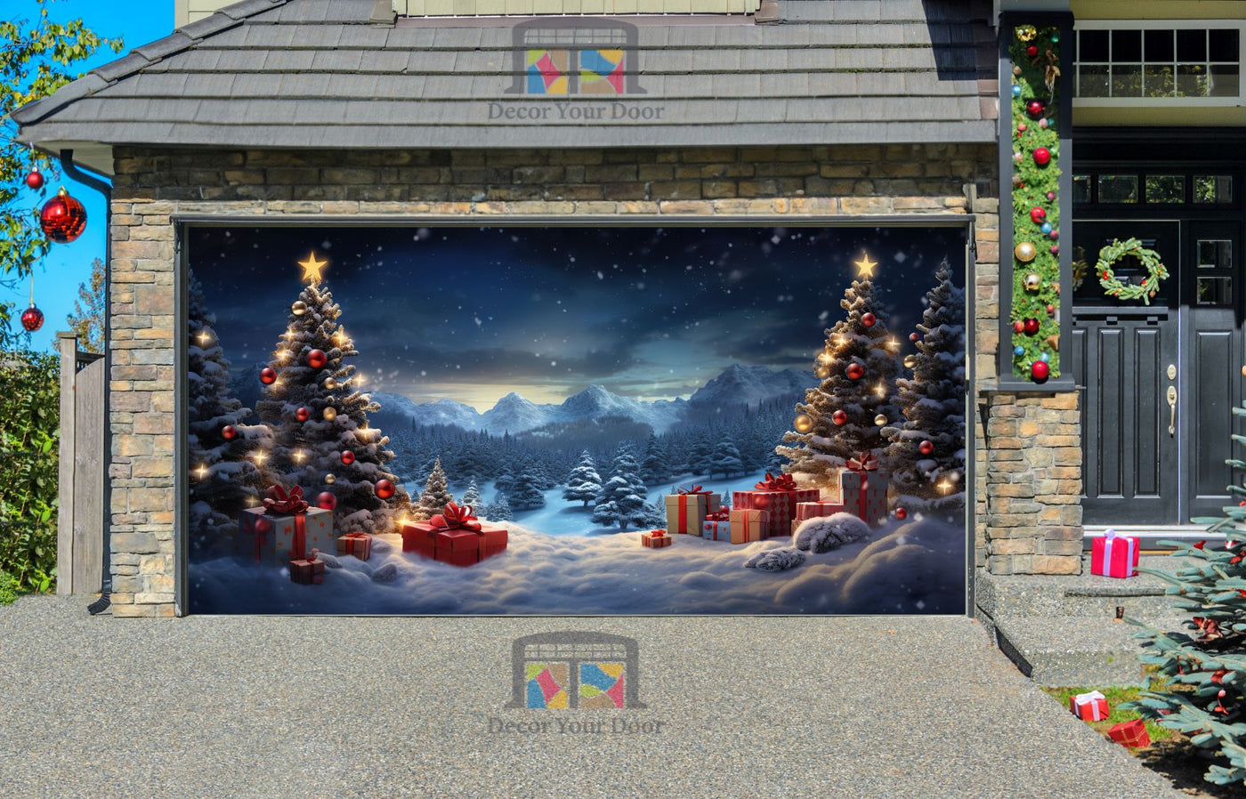 Christmas New Year Holiday Celebration Traditional Family Winter Time Garage Door Wrap Cover Mural Decoration
