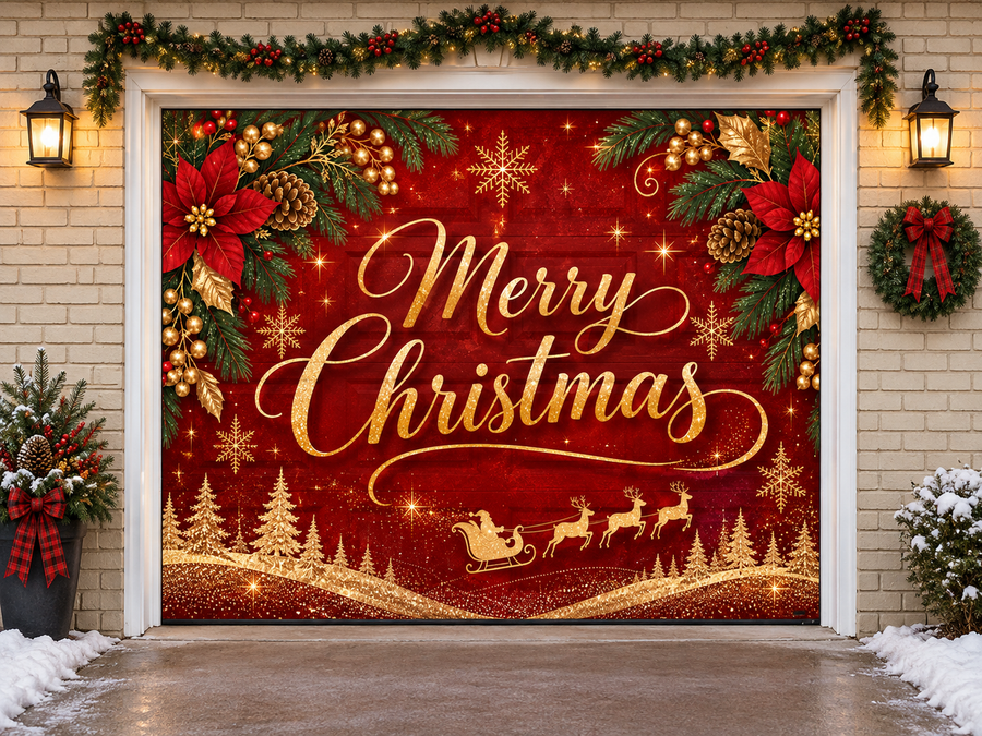 Golden Merry Christmas Wonderland Garage Door Cover