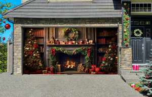 Christmas Stylish Interior of Living Room with Fireplace Decorated Christmas Tree Garage Door Cover Wrap Backdrop Decoration