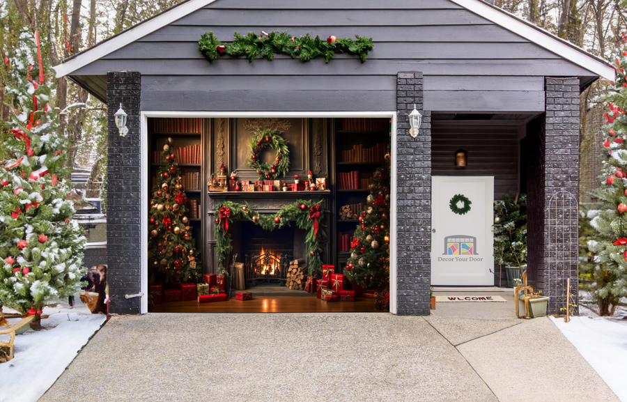 Christmas Stylish Interior of Living Room with Fireplace Decorated Christmas Tree Garage Door Cover Wrap Backdrop Decoration