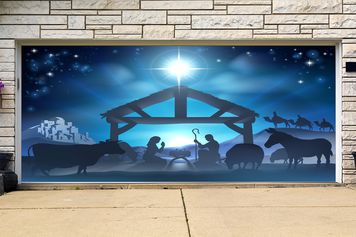 Christmas Nativity Scene Garage Door Cover Mural Banner Backdrop — exterior clearance cover