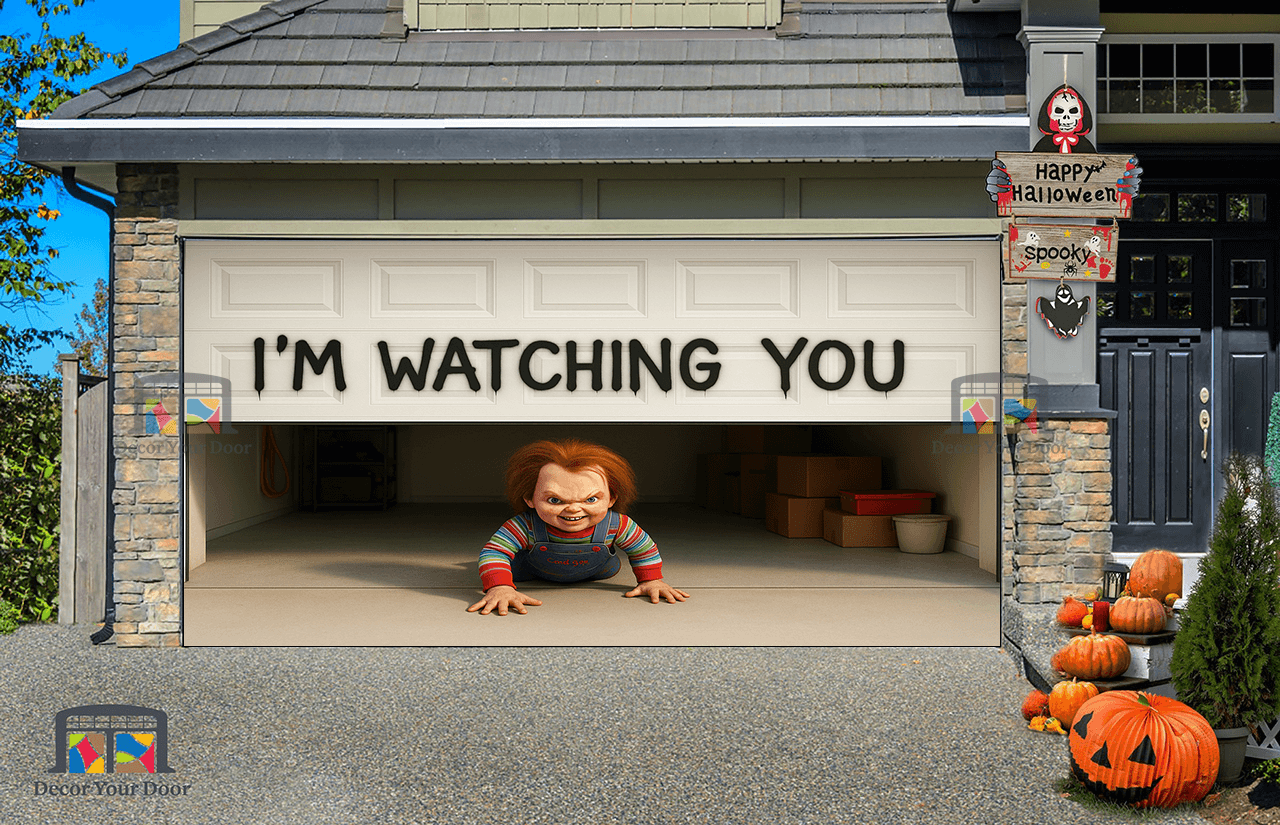 Crawl of Chucky garage door cover featuring creepy doll and chilling message 'I'M WATCHING YOU' for Halloween decor.