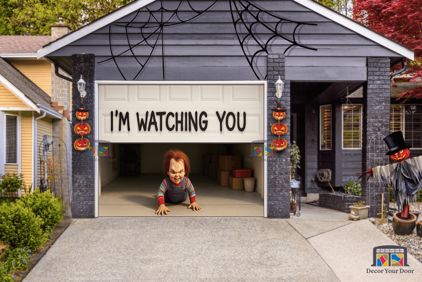 Crawl of Chucky garage door cover with creepy doll and text "I'M WATCHING YOU" for Halloween decor.