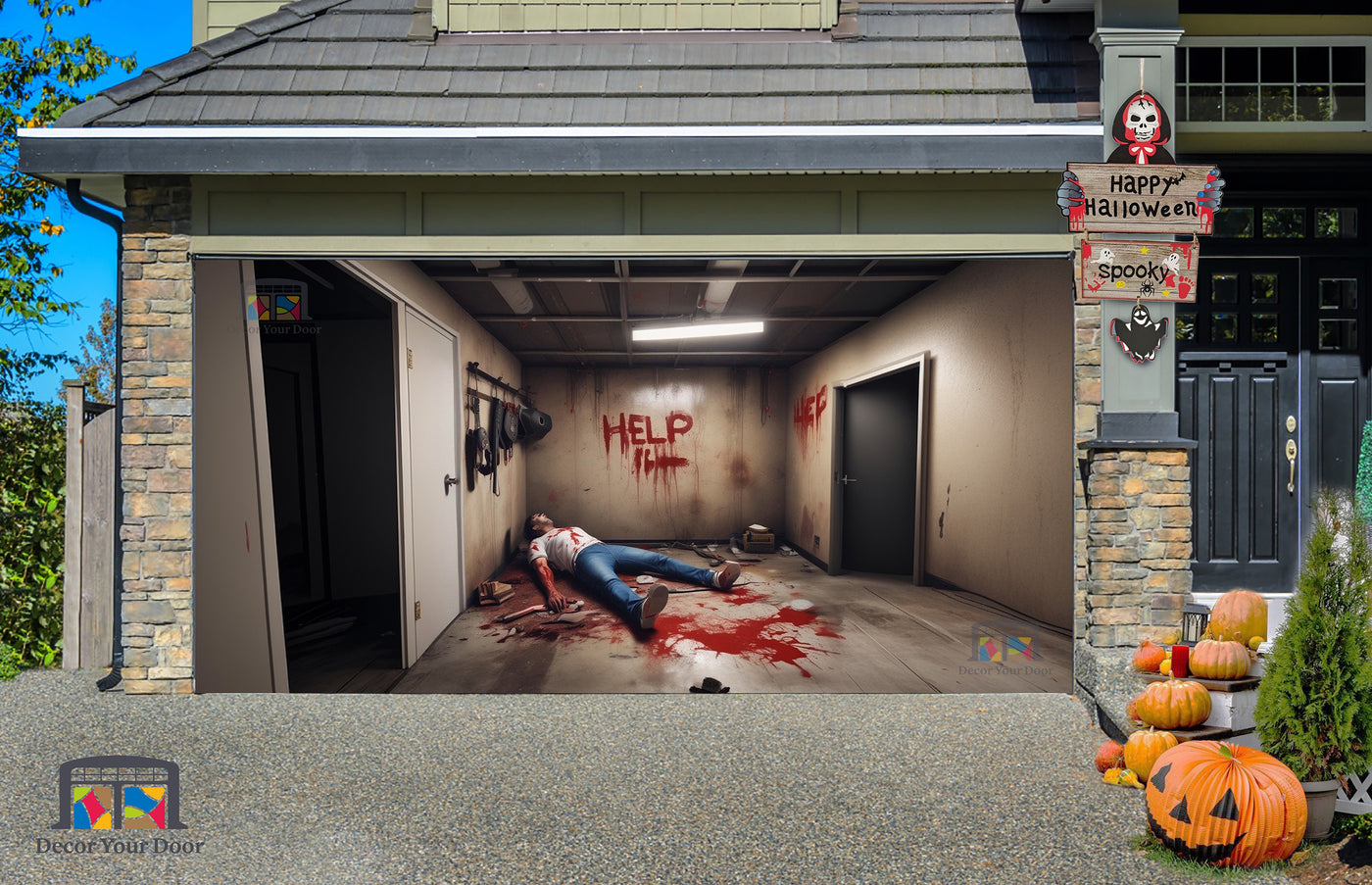 Creepy 3D "Help Me" in Garage Room Garage Door Cover Banner Wrap - Decor Your Door