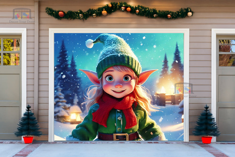 Cute Elves in the Snow Garage Door Cover Banner Decoration - Decor Your Door