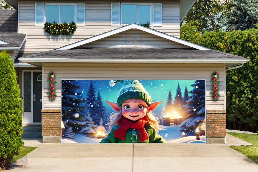 Cute Elves in the Snow Garage Door Cover Banner Decoration - Decor Your Door