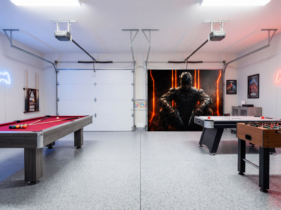 Cyber Sentinel – Game Room Interior Garage Door Cover