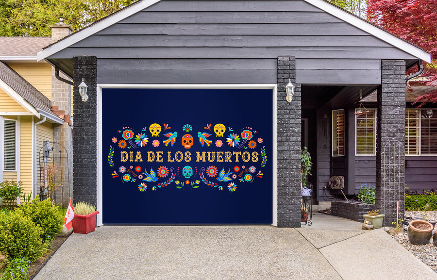Fondo para puerta de garaje con temática del Día de los Muertos y coloridas flores mexicanas