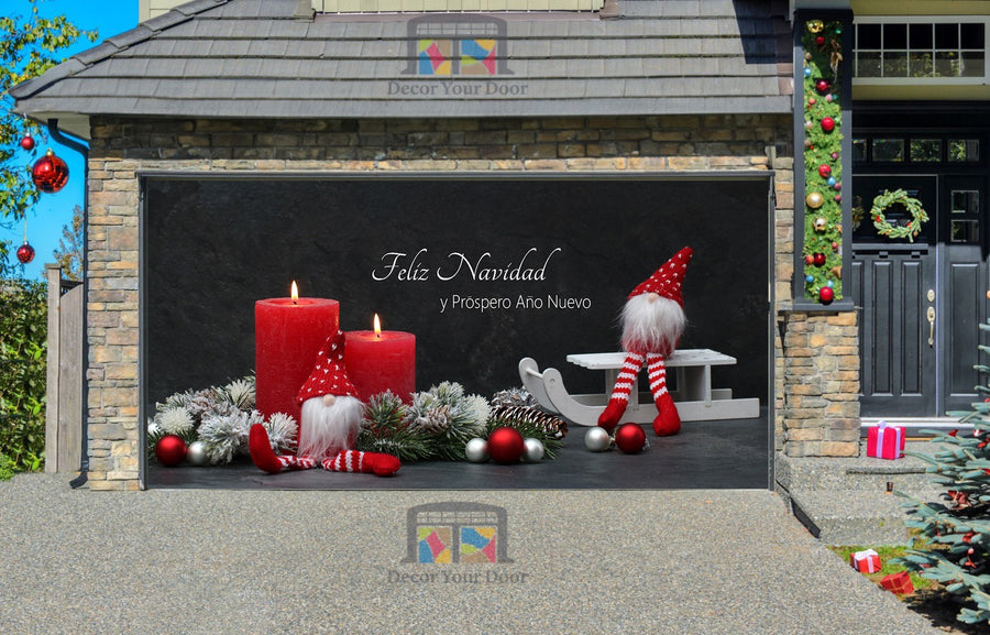 Decoración navideña con velas rojas y la inscripción Feliz Navidad y Próspero Año Nuevo Decoración de la cubierta de la puerta del garaje