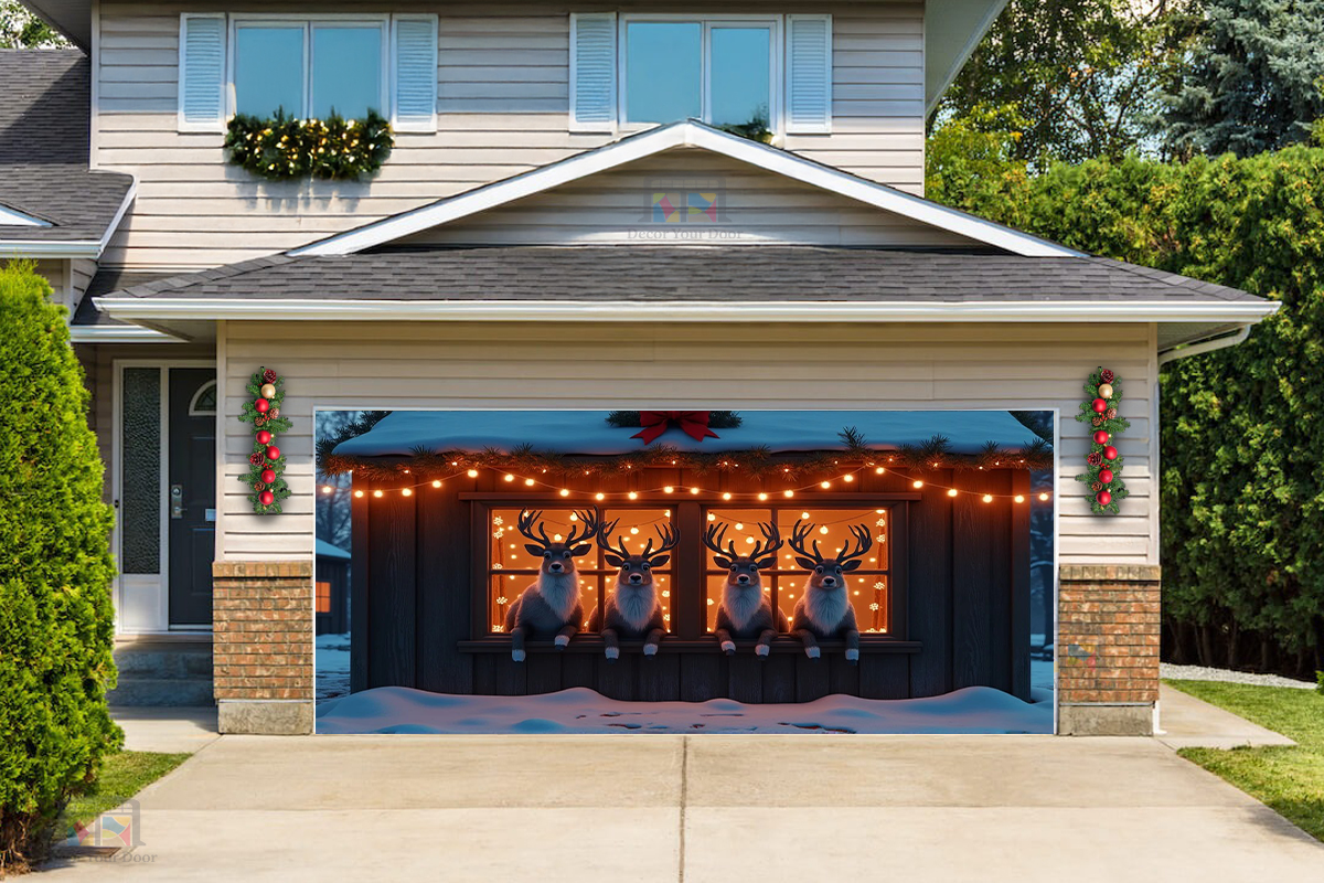 Deer Family in the Window Garage Door Cover Banner Decoration - Decor Your Door
