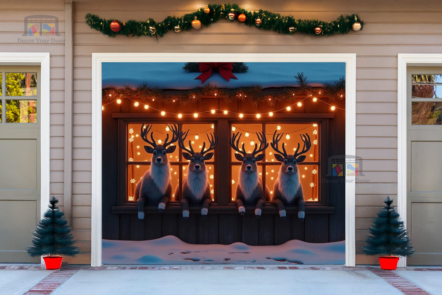 Deer Family in the Window Garage Door Cover Banner Decoration - Decor Your Door