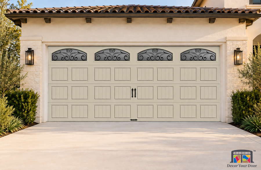 Desert Tan with Wrought Iron Window printed garage door cover — Two Car Front