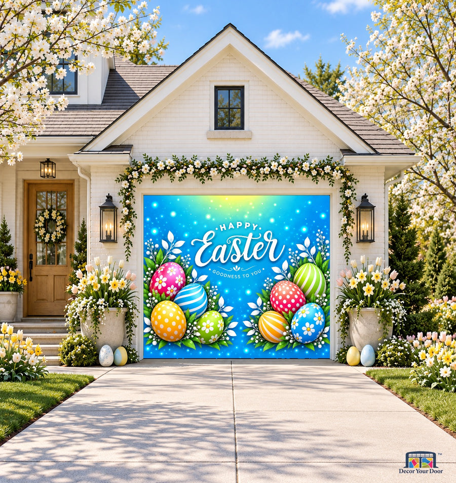 Joyful Easter Wishes Easter garage door cover — front view on a one-car Spring house