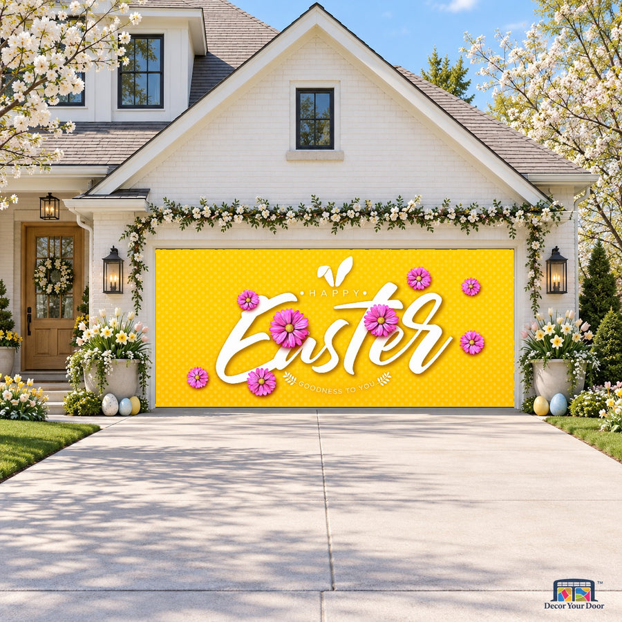 Easter Sunshine Greetings Easter garage door cover — front view on a two-car Spring house