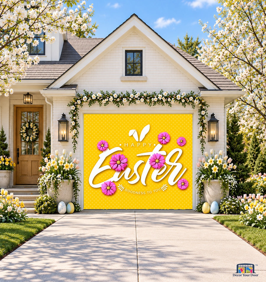 Easter Sunshine Greetings Easter garage door cover — front view on a one-car Spring house