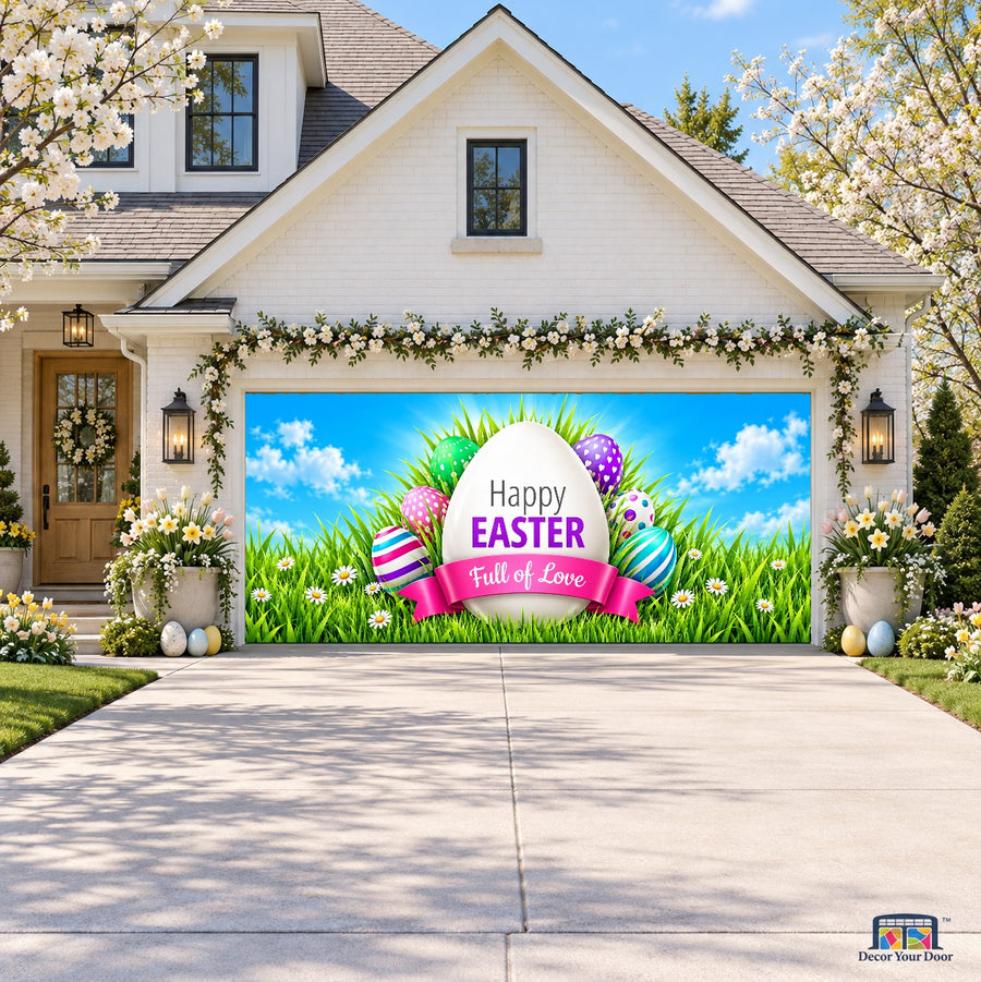 Love-Filled Easter Egg Easter garage door cover — front view on a two-car Spring house