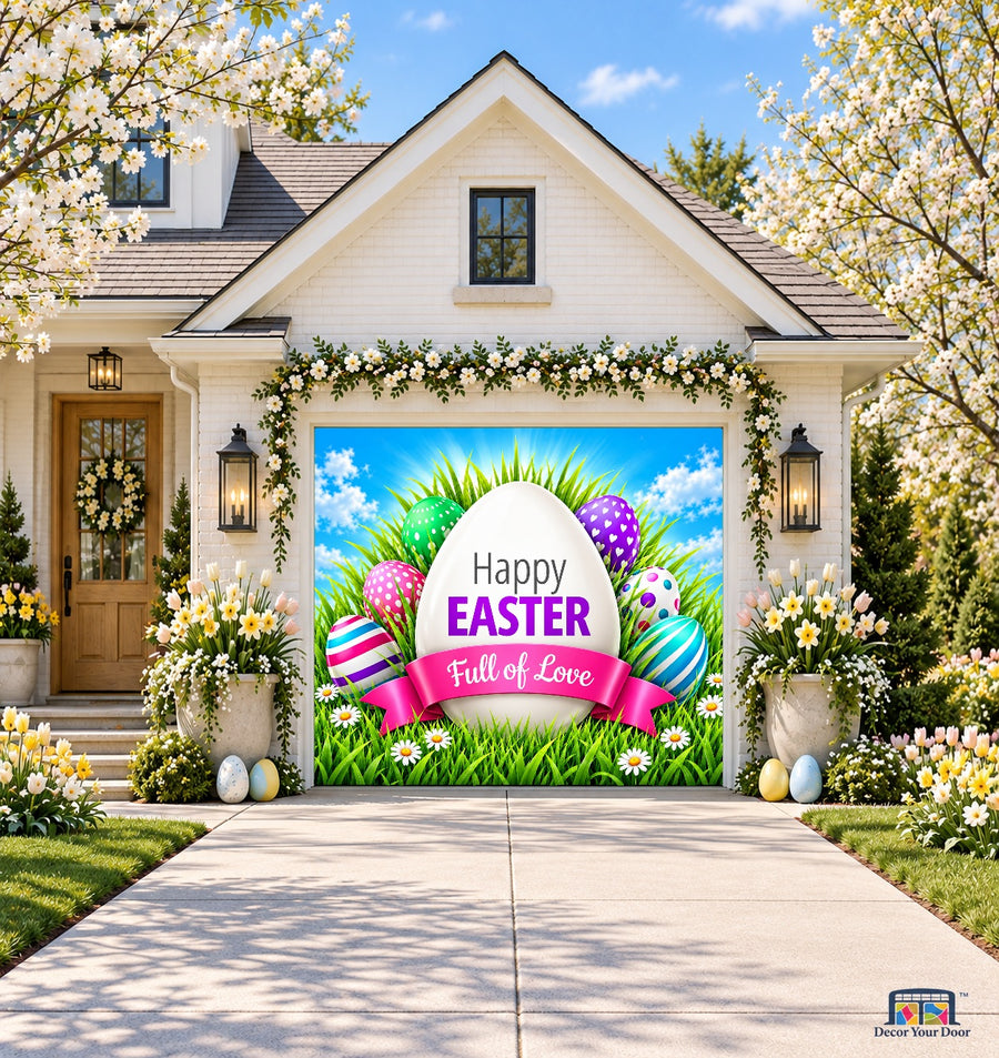 Love-Filled Easter Egg Easter garage door cover — front view on a one-car Spring house
