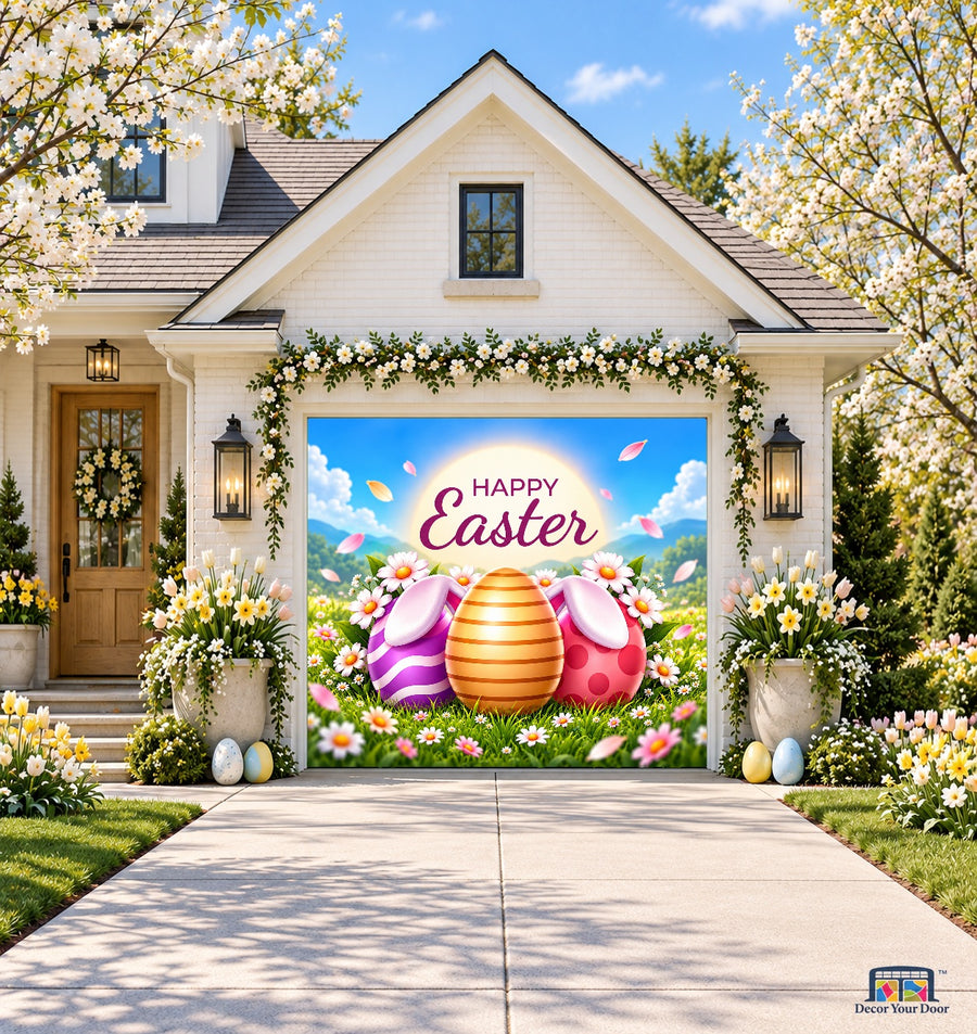 Bunny Ears Easter Delight Easter garage door cover — front view on a one-car Spring house